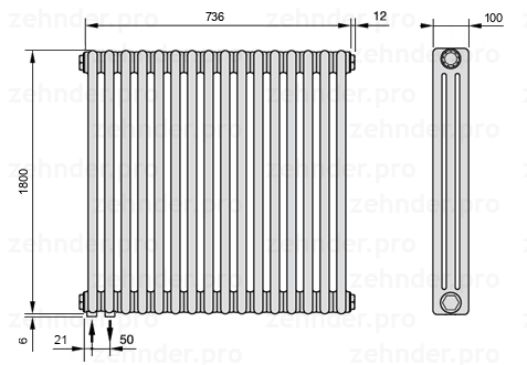 Схема (чертеж) Радиатор Zehnder Charleston 3180/16 №3370 Белый глянцевый RAL 9016
